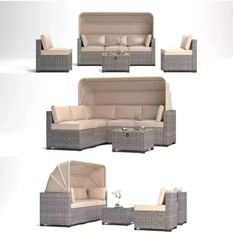 Ensemble de 6 chaises longues d'extérieur avec auvent rétractable, salon de jardin avec dossiers réglables, chaises longues