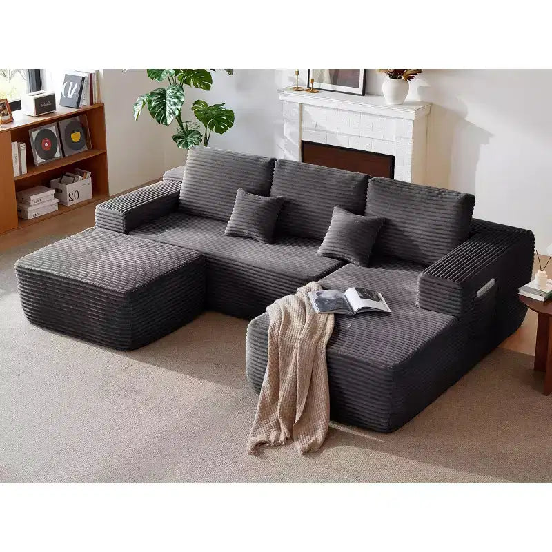 104Cloud Sectional Sofa,U-Shaped Chaise,Deep Seat,Side Pockets,Plush Fabric,No Assembly,Grey,Right Facing