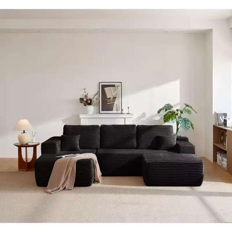 Canapé sectionnel 104Cloud, chaise en U, assise profonde, poches latérales, tissu peluche, aucun assemblage, noir, accoudoir gauche