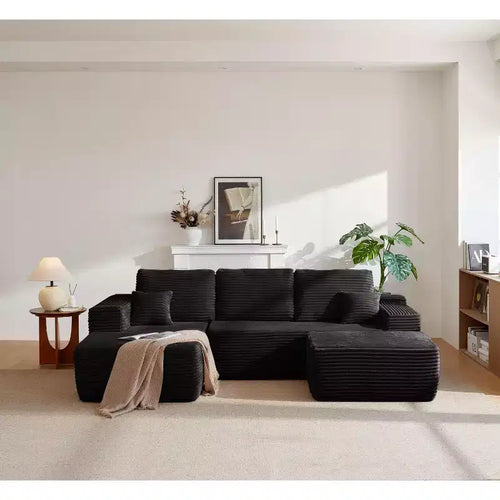 Canapé sectionnel 104Cloud, chaise en U, assise profonde, poches latérales, tissu peluche, aucun assemblage, noir, accoudoir gauche