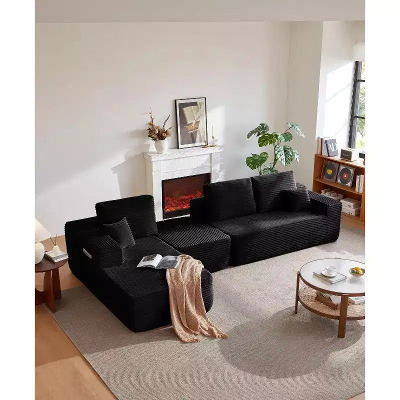 Canapé sectionnel 104Cloud, chaise en U, assise profonde, poches latérales, tissu peluche, aucun assemblage, noir, accoudoir gauche
