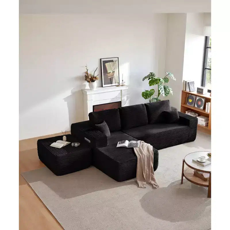 Canapé sectionnel 104Cloud, chaise en U, assise profonde, poches latérales, tissu peluche, aucun assemblage, noir, accoudoir gauche