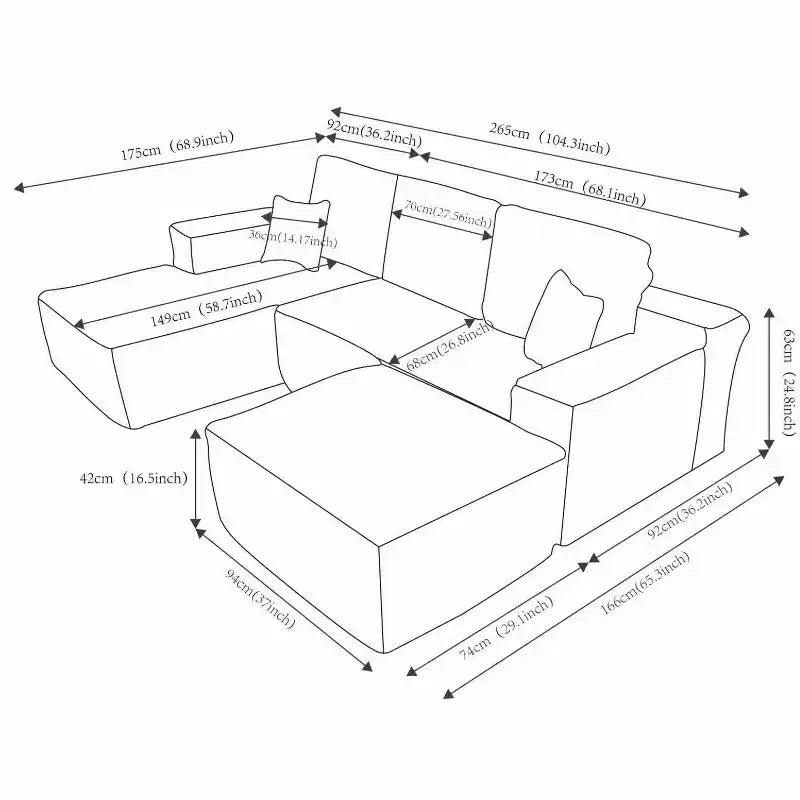 Canapé sectionnel 104Cloud, chaise en U, assise profonde, poches latérales, tissu peluche, aucun assemblage, noir, accoudoir gauche
