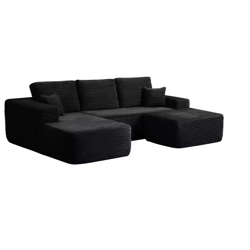 Canapé sectionnel 104Cloud, chaise en U, assise profonde, poches latérales, tissu peluche, aucun assemblage, noir, accoudoir gauche