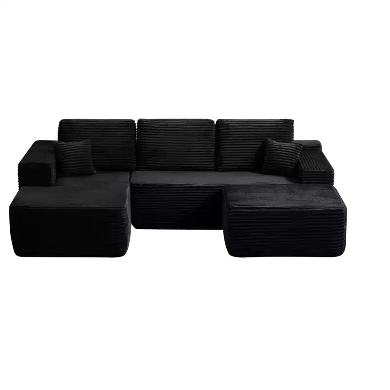 Canapé sectionnel 104Cloud, chaise en U, assise profonde, poches latérales, tissu peluche, aucun assemblage, noir, accoudoir gauche