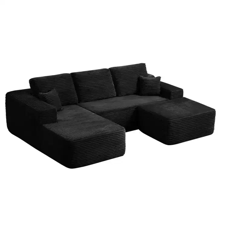 Canapé sectionnel 104Cloud, chaise en U, assise profonde, poches latérales, tissu peluche, aucun assemblage, noir, accoudoir gauche