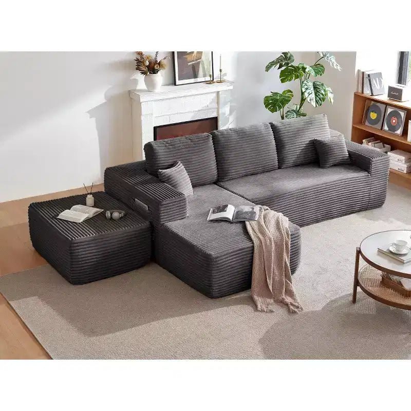 Canapé d'angle 104Cloud, méridienne en U, assise profonde, poches latérales, tissu peluche, aucun assemblage requis, gris, orientation à gauche