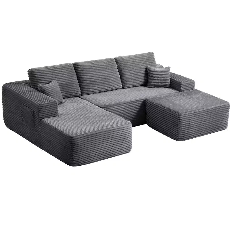 Canapé d'angle 104Cloud, méridienne en U, assise profonde, poches latérales, tissu peluche, aucun assemblage requis, gris, orientation à gauche