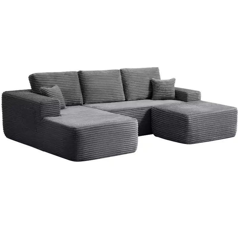 Canapé d'angle 104Cloud, méridienne en U, assise profonde, poches latérales, tissu peluche, aucun assemblage requis, gris, orientation à gauche