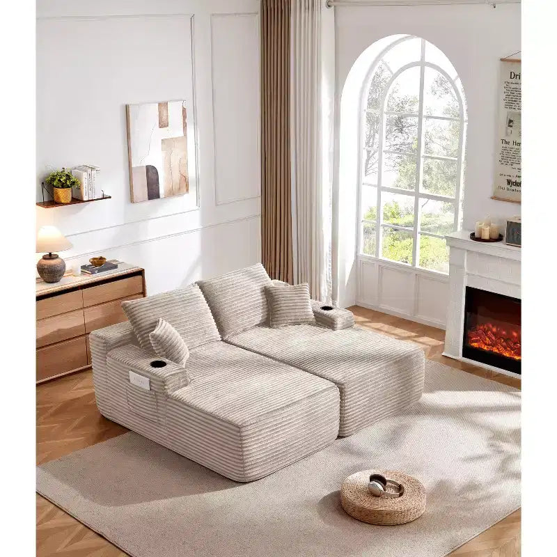 Canapé modulable 69Cloud, méridienne en L, méridienne en R, assise profonde, 2 places, tissu moelleux, beige