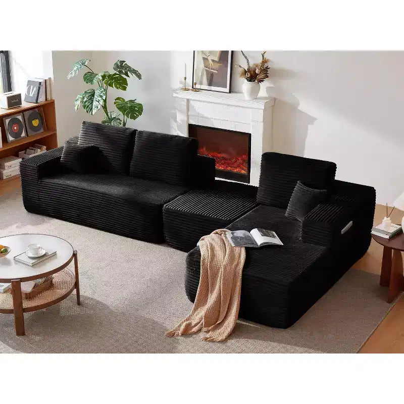 Canapé d'angle 104Cloud, méridienne en U, assise profonde, poches latérales, tissu pelucheux, aucun assemblage requis, noir, orientation à droite