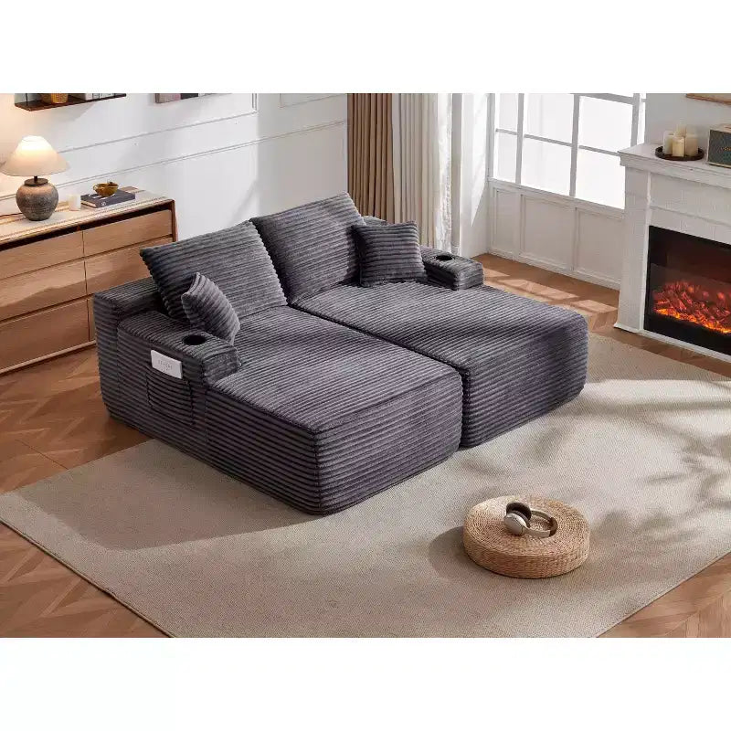 Canapé d'angle 69Cloud, méridienne en L, méridienne en R, assise profonde, 2 places, tissu peluche, gris