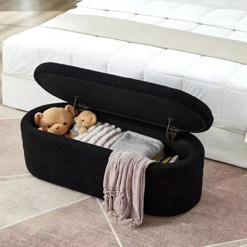 Banc ottoman de rangement ovale moderne Okak avec charnière de sécurité, banc rembourré pour entrée, banc de bout de lit pour salon, entrée