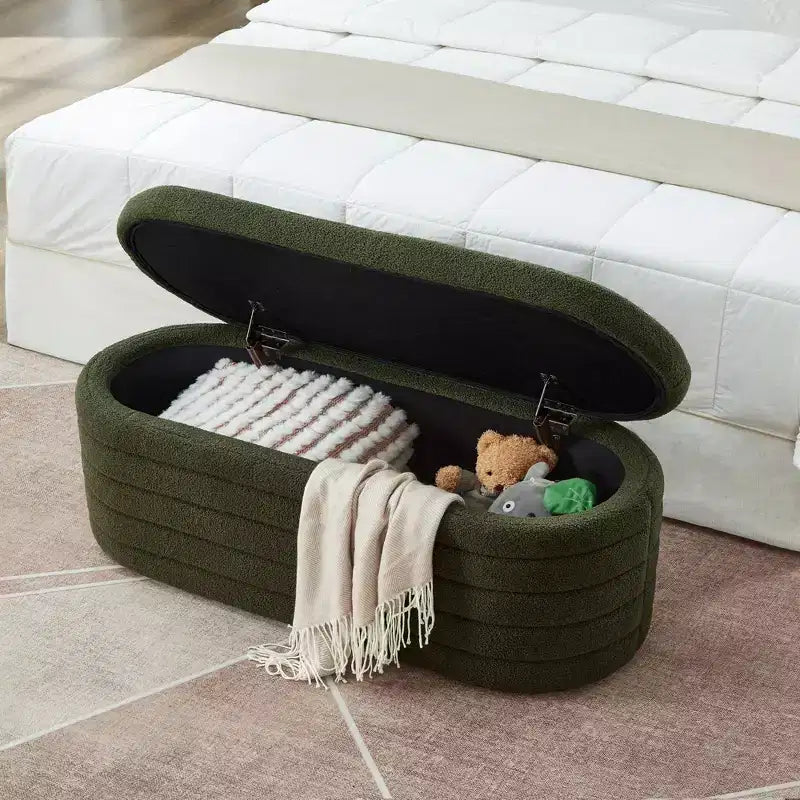 Banc ottoman de rangement ovale moderne Okak avec charnière de sécurité, banc rembourré pour entrée, banc de bout de lit pour salon, entrée