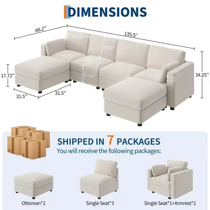 Canapé modulable surdimensionné, canapé d'angle 4/6 places, canapé en forme de U de 264 cm (104 po) / 345 cm (136 po) avec pouf mobile, canapé modulable convertible pour salon