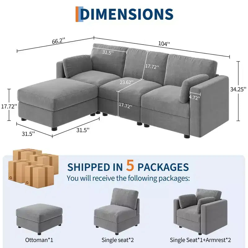 Canapé modulable surdimensionné, canapé d'angle 4/6 places, canapé en forme de U de 264 cm (104 po) / 345 cm (136 po) avec pouf mobile, canapé modulable convertible pour salon