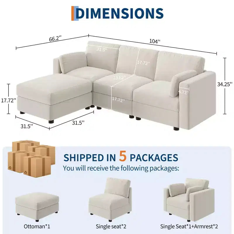 Canapé modulable surdimensionné, canapé d'angle 4/6 places, canapé en forme de U de 264 cm (104 po) / 345 cm (136 po) avec pouf mobile, canapé modulable convertible pour salon