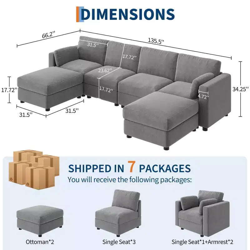 Canapé modulable surdimensionné, canapé d'angle 4/6 places, canapé en forme de U de 264 cm (104 po) / 345 cm (136 po) avec pouf mobile, canapé modulable convertible pour salon