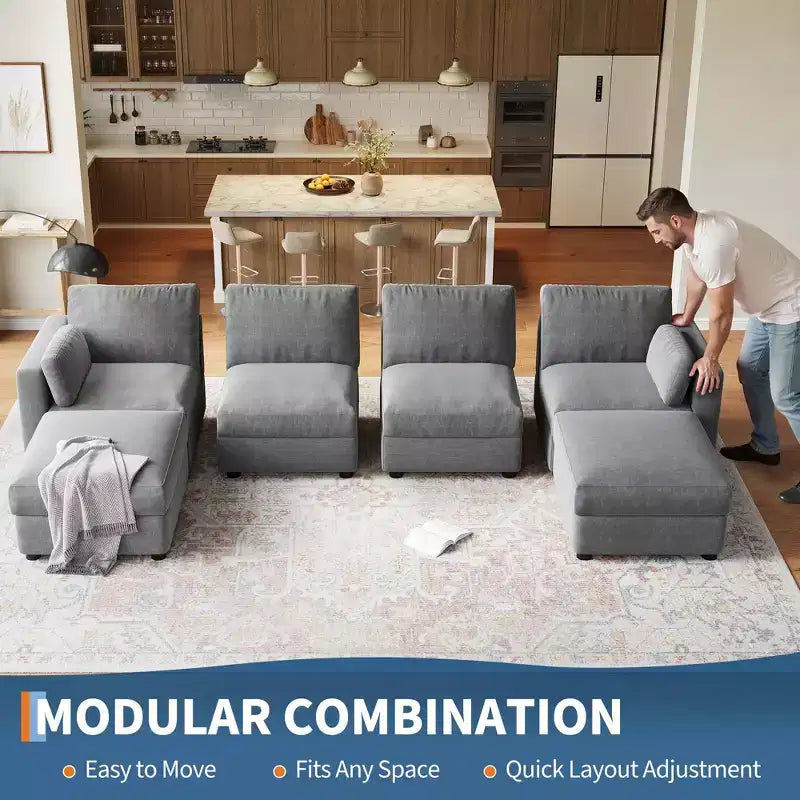 Canapé modulable surdimensionné, canapé d'angle 4/6 places, canapé en forme de U de 264 cm (104 po) / 345 cm (136 po) avec pouf mobile, canapé modulable convertible pour salon