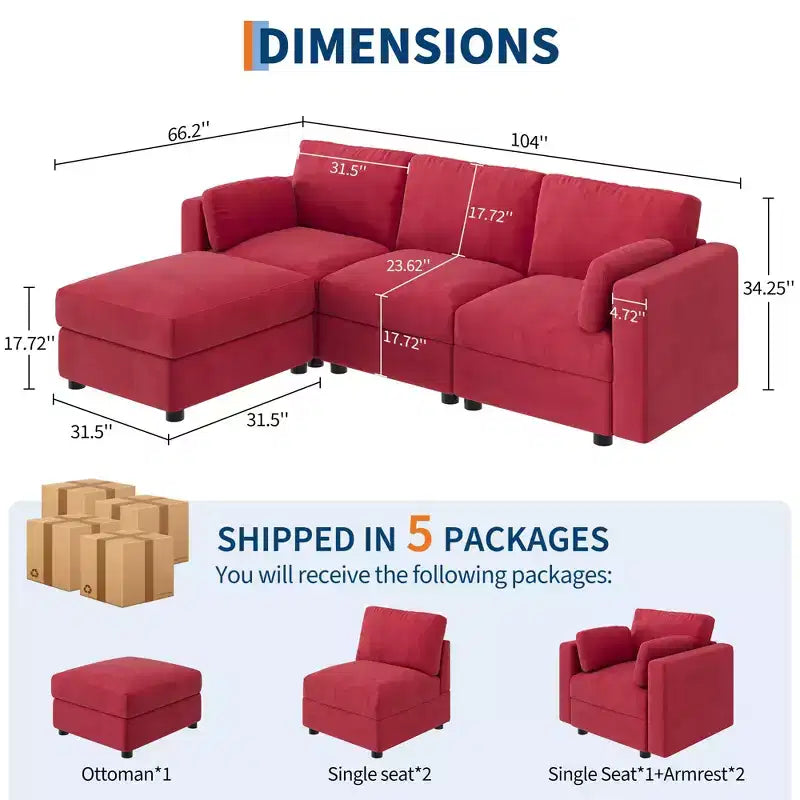 Canapé modulable surdimensionné, canapé d'angle 4/6 places, canapé en forme de U de 264 cm (104 po) / 345 cm (136 po) avec pouf mobile, canapé modulable convertible pour salon