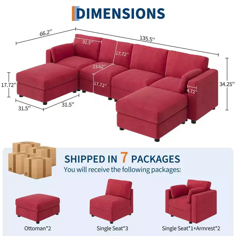 Canapé modulable surdimensionné, canapé d'angle 4/6 places, canapé en forme de U de 264 cm (104 po) / 345 cm (136 po) avec pouf mobile, canapé modulable convertible pour salon
