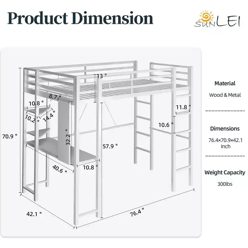 Lit mezzanine Celebalcony avec bureau et étagères de rangement, cadre avec 2 échelles latérales pour enfants, adolescents et adultes, conception peu encombrante et anti-basculement, noir