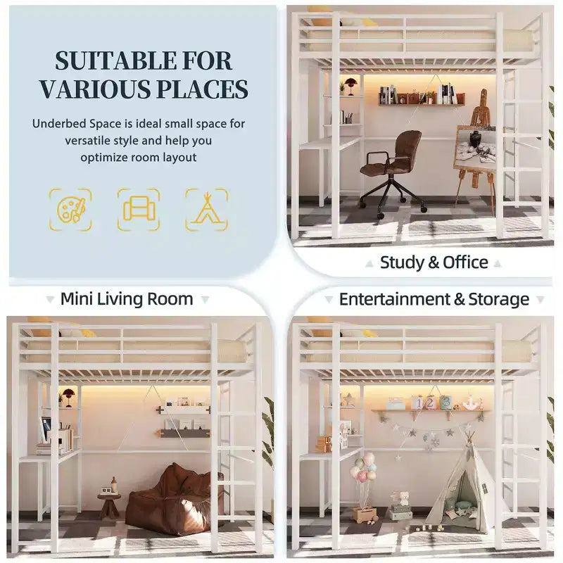 Lit mezzanine Celebalcony avec bureau et étagères de rangement, cadre avec 2 échelles latérales pour enfants, adolescents et adultes, conception peu encombrante et anti-basculement, noir