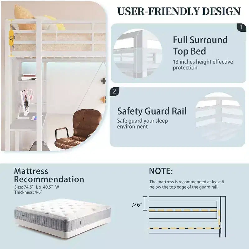 Lit mezzanine Celebalcony avec bureau et étagères de rangement, cadre avec 2 échelles latérales pour enfants, adolescents et adultes, conception peu encombrante et anti-basculement, noir