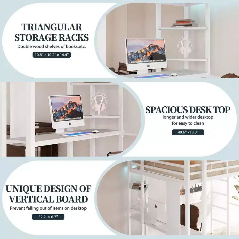 Lit mezzanine Celebalcony avec bureau et étagères de rangement, cadre avec 2 échelles latérales pour enfants, adolescents et adultes, conception peu encombrante et anti-basculement, noir