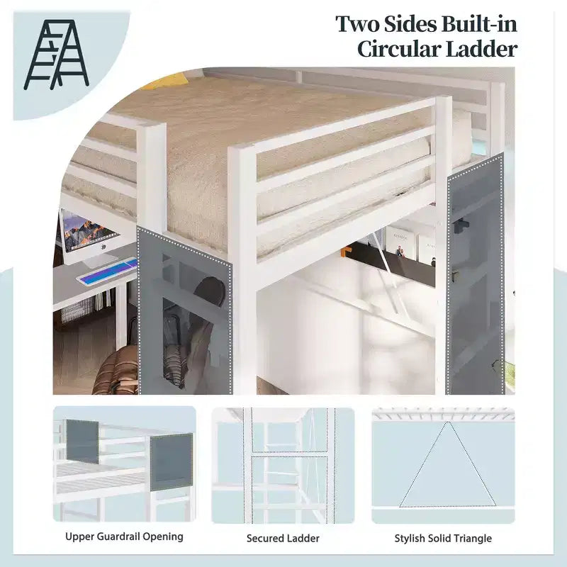 Lit mezzanine Celebalcony avec bureau et étagères de rangement, cadre avec 2 échelles latérales pour enfants, adolescents et adultes, conception peu encombrante et anti-basculement, noir