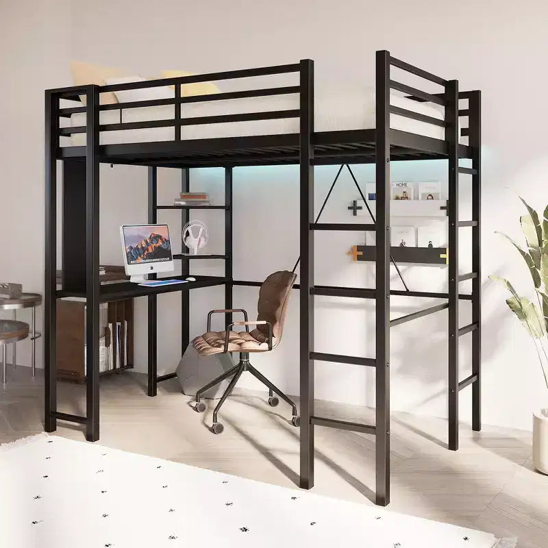 Lit mezzanine Celebalcony avec bureau et étagères de rangement, cadre avec 2 échelles latérales pour enfants, adolescents et adultes, conception peu encombrante et anti-basculement, noir