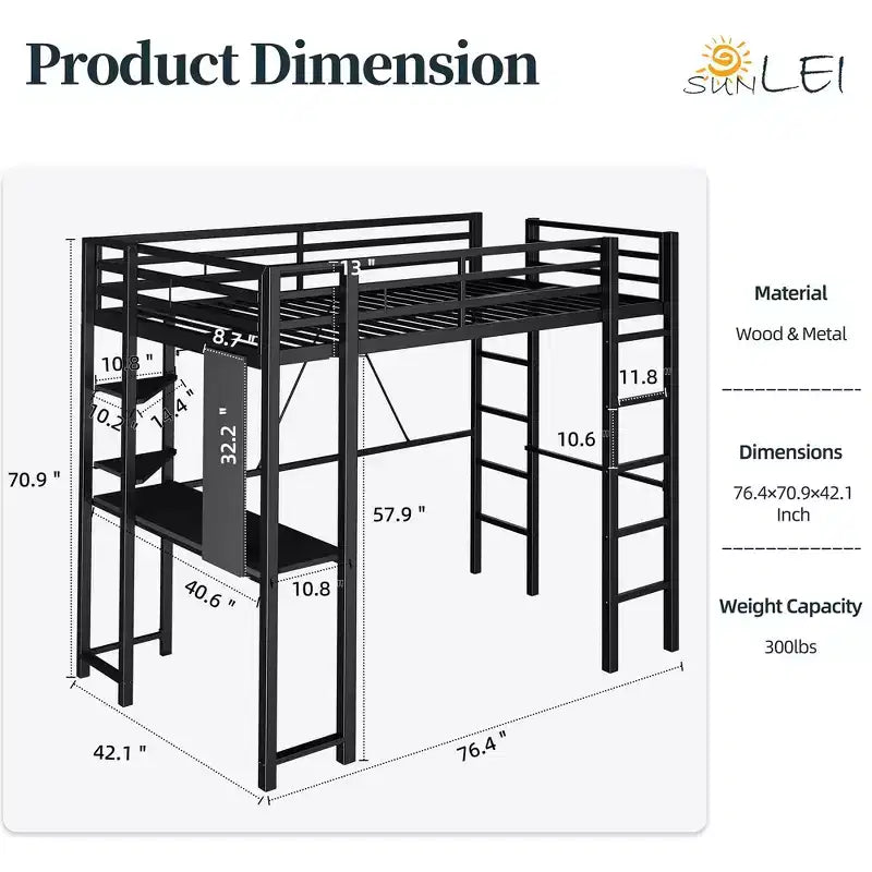 Lit mezzanine Celebalcony avec bureau et étagères de rangement, cadre avec 2 échelles latérales pour enfants, adolescents et adultes, conception peu encombrante et anti-basculement, noir