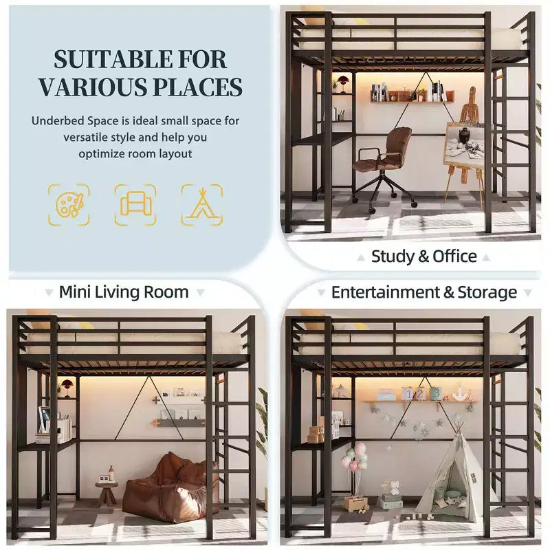 Lit mezzanine Celebalcony avec bureau et étagères de rangement, cadre avec 2 échelles latérales pour enfants, adolescents et adultes, conception peu encombrante et anti-basculement, noir