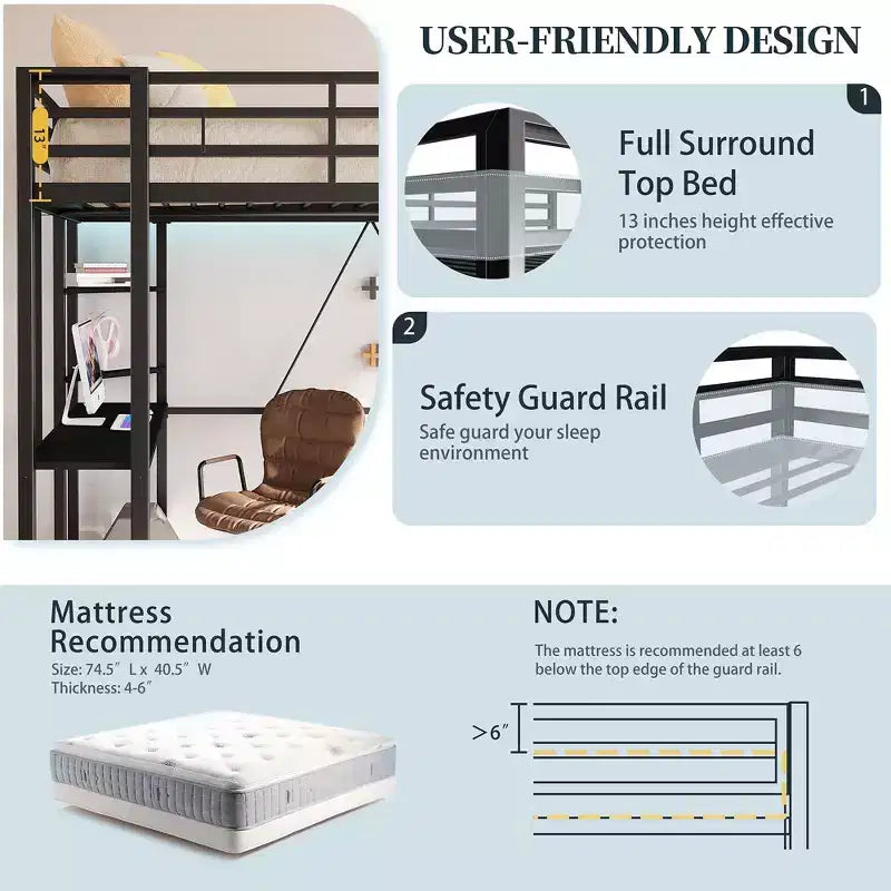 Lit mezzanine Celebalcony avec bureau et étagères de rangement, cadre avec 2 échelles latérales pour enfants, adolescents et adultes, conception peu encombrante et anti-basculement, noir