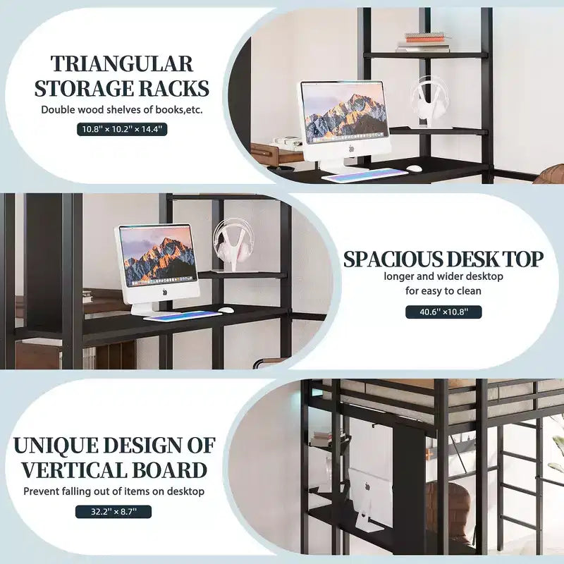 Lit mezzanine Celebalcony avec bureau et étagères de rangement, cadre avec 2 échelles latérales pour enfants, adolescents et adultes, conception peu encombrante et anti-basculement, noir