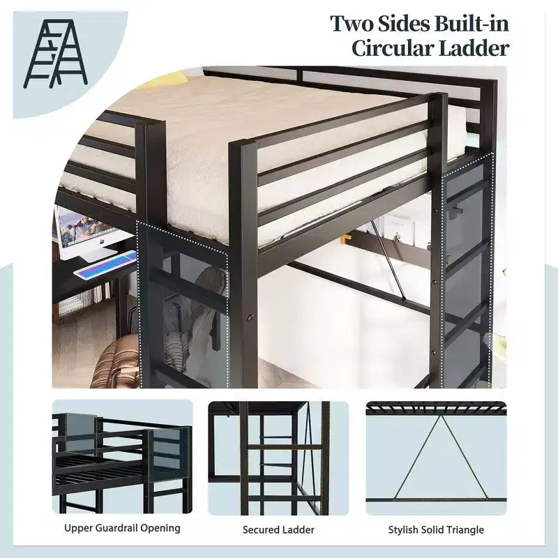 Lit mezzanine Celebalcony avec bureau et étagères de rangement, cadre avec 2 échelles latérales pour enfants, adolescents et adultes, conception peu encombrante et anti-basculement, noir