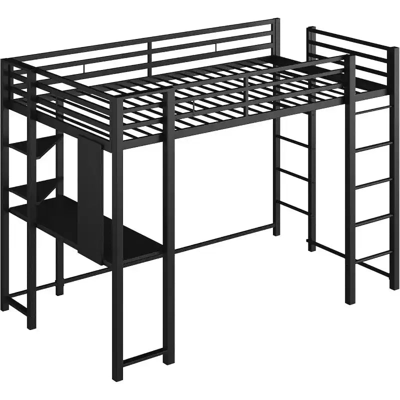 Lit mezzanine Celebalcony avec bureau et étagères de rangement, cadre avec 2 échelles latérales pour enfants, adolescents et adultes, conception peu encombrante et anti-basculement, noir