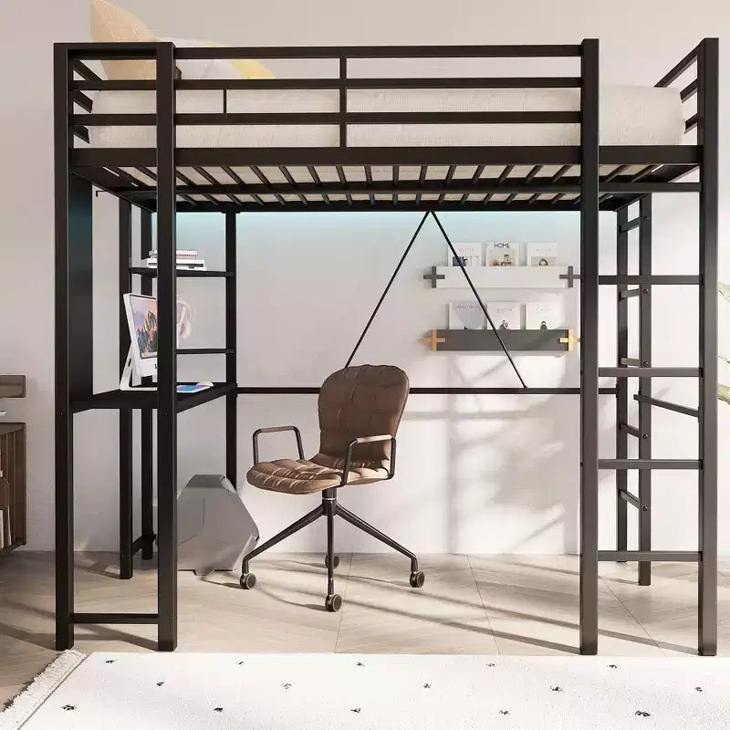 Celebalcony Loft Bed with Desk and Storage Shelves, Frame with 2 Side Ladders for Kids, Teens Adults,Space-Saving and Anti-tilt Design,Black