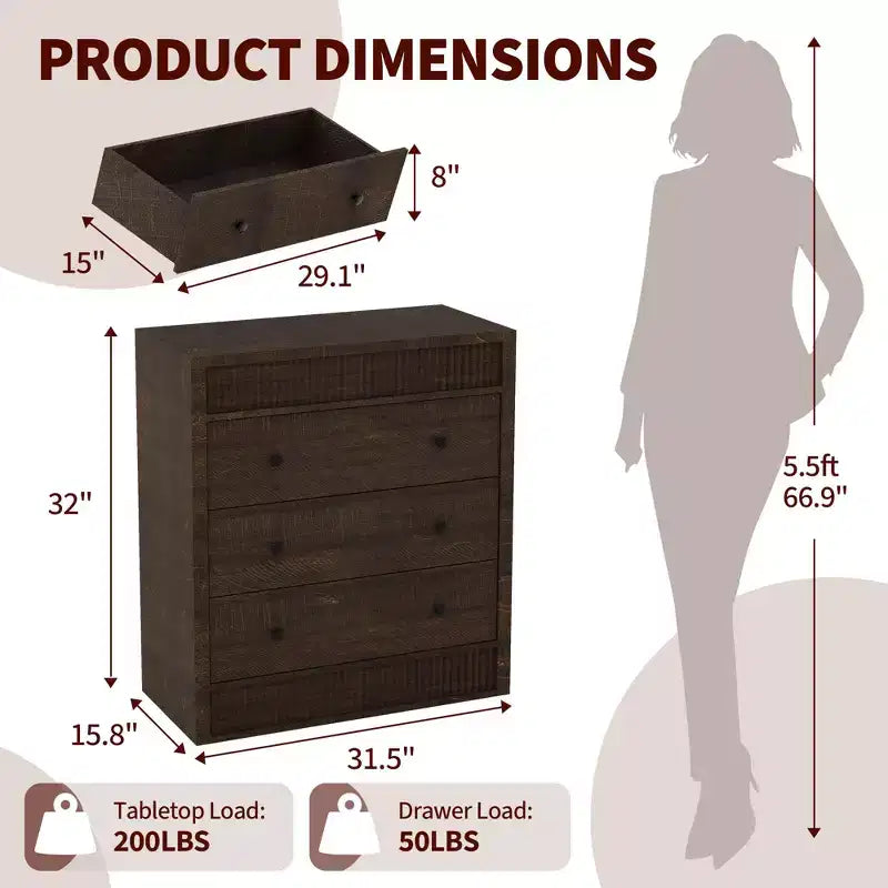 COZONY Commode 3/5 tiroirs, grand meuble de rangement en bois cannelé avec tiroirs à glissement doux, table de chevet moderne en bois