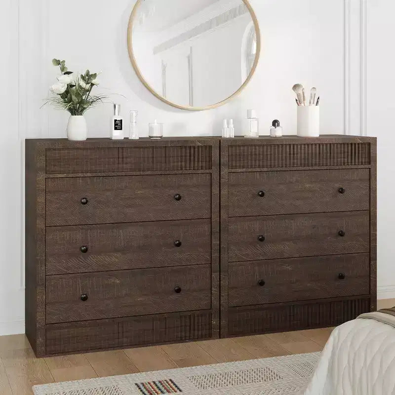COZONY Commode 3/5 tiroirs, grand meuble de rangement en bois cannelé avec tiroirs à glissement doux, table de chevet moderne en bois