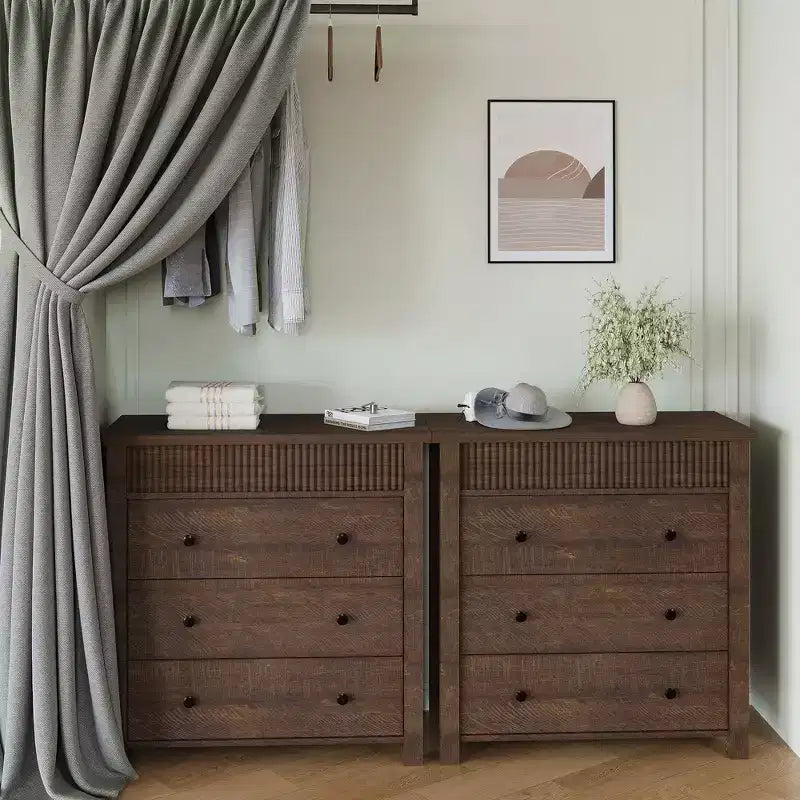 COZONY Commode 3/5 tiroirs, grand meuble de rangement en bois cannelé avec tiroirs à glissement doux, table de chevet moderne en bois