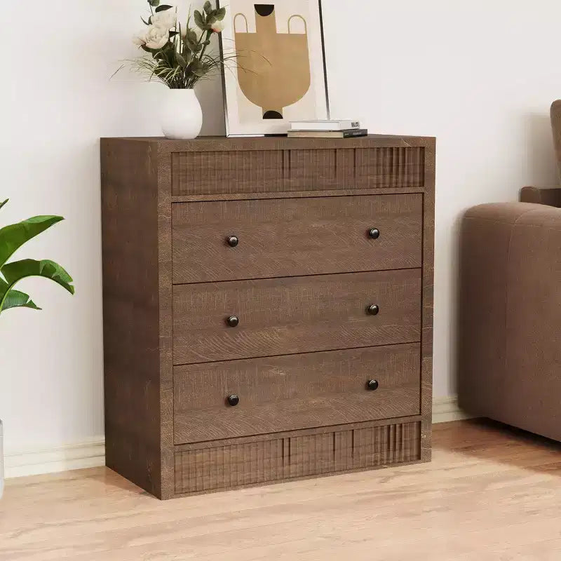 COZONY Commode 3/5 tiroirs, grand meuble de rangement en bois cannelé avec tiroirs à glissement doux, table de chevet moderne en bois