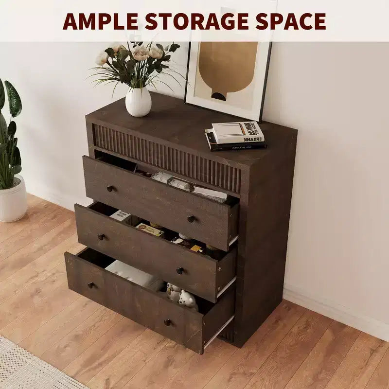 COZONY Commode 3/5 tiroirs, grand meuble de rangement en bois cannelé avec tiroirs à glissement doux, table de chevet moderne en bois