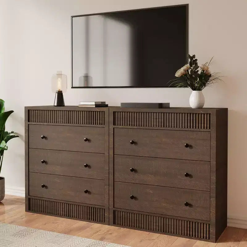 COZONY Commode 3/5 tiroirs, grand meuble de rangement en bois cannelé avec tiroirs à glissement doux, table de chevet moderne en bois