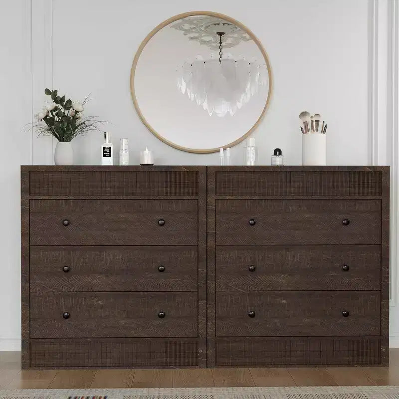 COZONY Commode 3/5 tiroirs, grand meuble de rangement en bois cannelé avec tiroirs à glissement doux, table de chevet moderne en bois