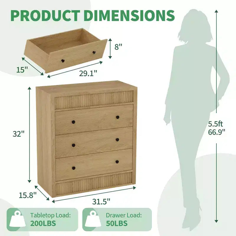 COZONY Commode 3/5 tiroirs, grand meuble de rangement en bois cannelé avec tiroirs à glissement doux, table de chevet moderne en bois