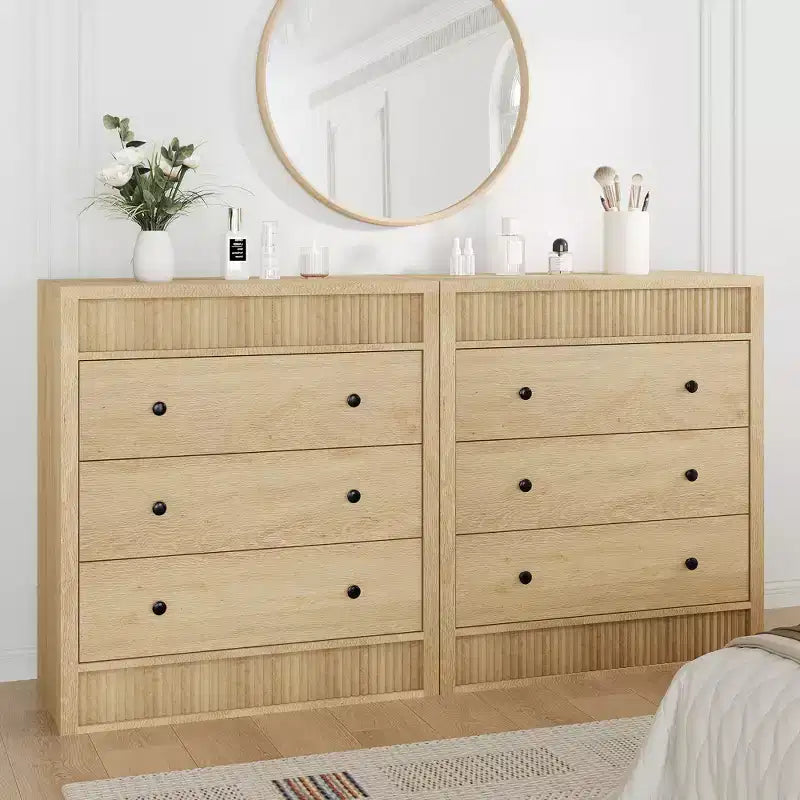 COZONY Commode 3/5 tiroirs, grand meuble de rangement en bois cannelé avec tiroirs à glissement doux, table de chevet moderne en bois