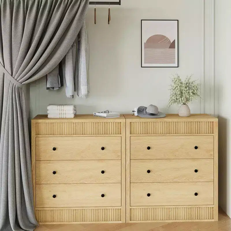 COZONY Commode 3/5 tiroirs, grand meuble de rangement en bois cannelé avec tiroirs à glissement doux, table de chevet moderne en bois