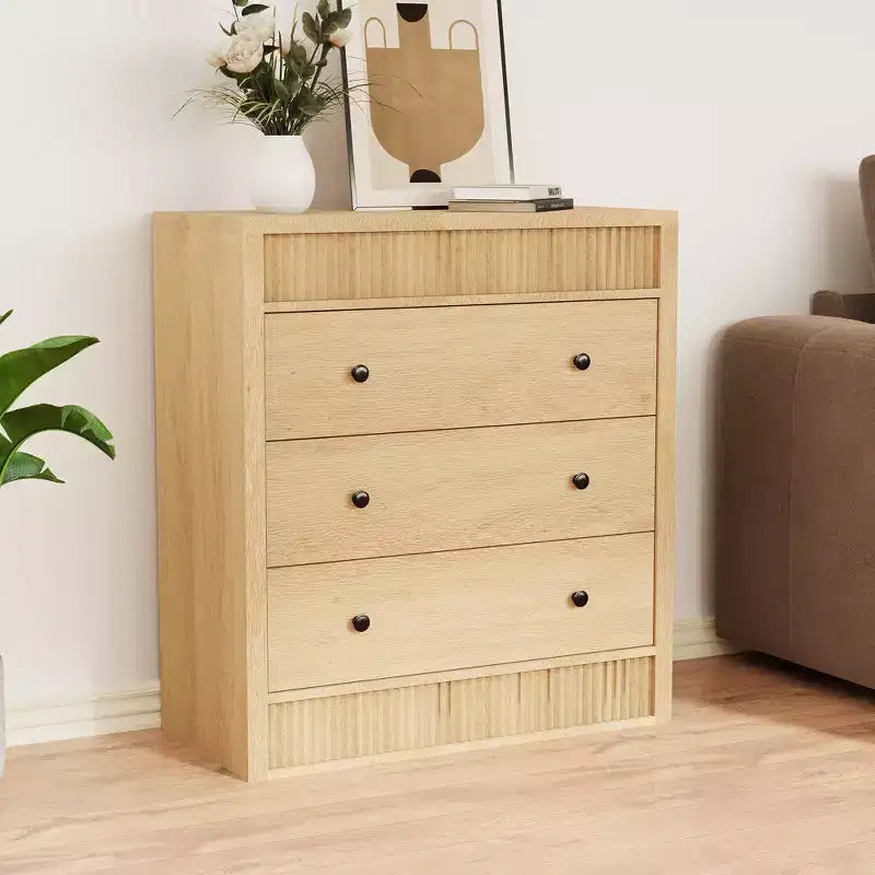 COZONY Commode 3/5 tiroirs, grand meuble de rangement en bois cannelé avec tiroirs à glissement doux, table de chevet moderne en bois
