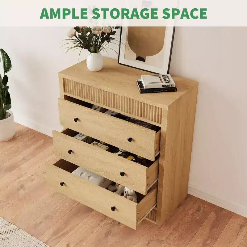 COZONY Commode 3/5 tiroirs, grand meuble de rangement en bois cannelé avec tiroirs à glissement doux, table de chevet moderne en bois